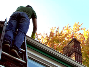 Homeowner in San Rafael cleaning seamless gutters to remove fall leaves and debris.