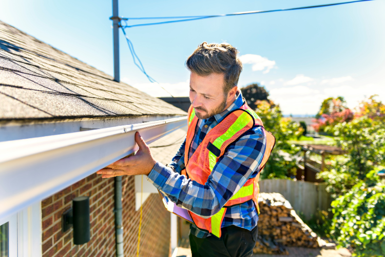 Professional roofer inspecting seamless gutters on a Larkspur home