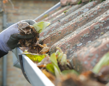 Clogged gutters on a Ross home being cleaned by a professional roofer