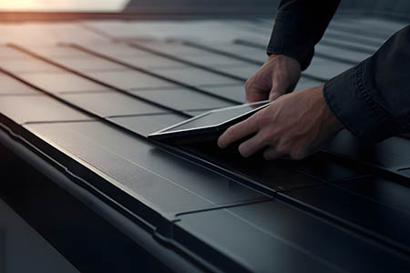 roofer installing solar shingles to roof