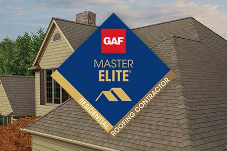 GAF master elite residential roofing contractor logo on top of house with gaf shingles